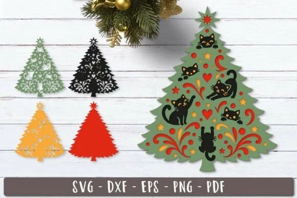 3d Christmas Tree with Cats Layered SVG