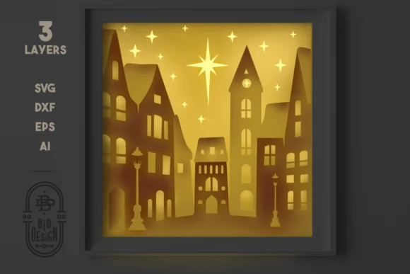 3D Christmas Town Shadow Box SVG