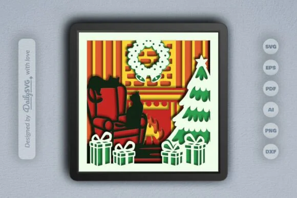 Christmas Cat and Fireplace Layered SVG