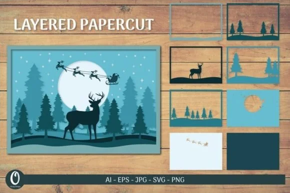 3D Deer in Christmas Scane Layered Cut