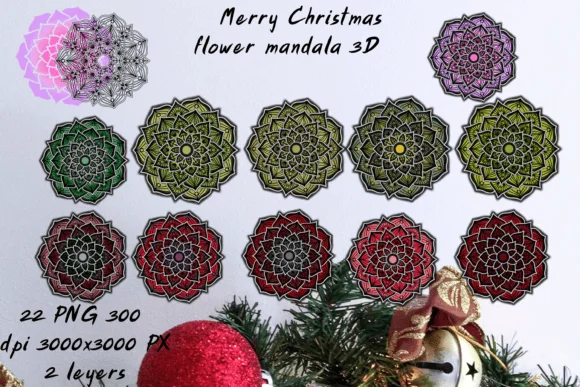 Merry Christmas Flower Mandala 3D