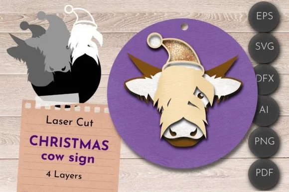Christmas Highland Cow Sign 3D Layered