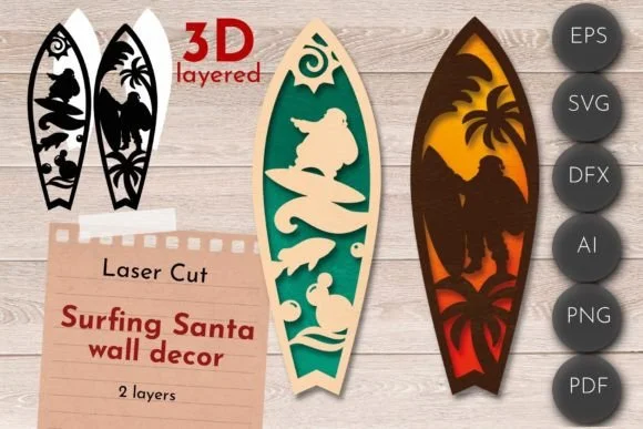 3D Layered SVG, Surf Wall Art, Christmas